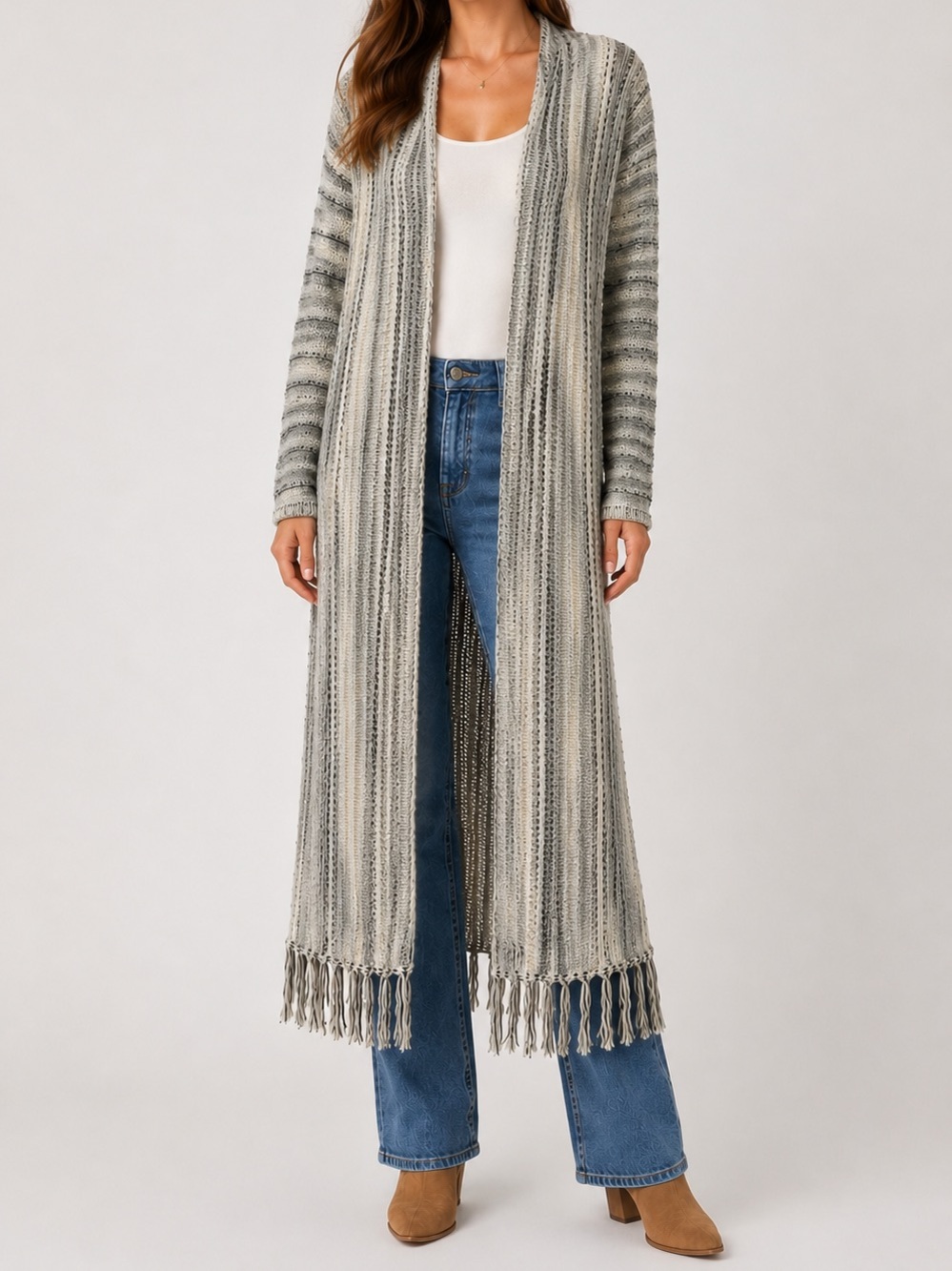 POL Longline Duster Cardigan Sweater Knit Grey Cream Fringe Trim Open Concept M